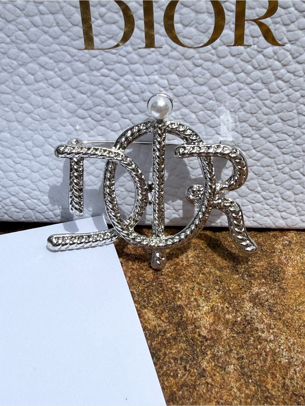 Genuine DIOR  Silver Logo Brooch pin with Pearl Accent stunning rope western